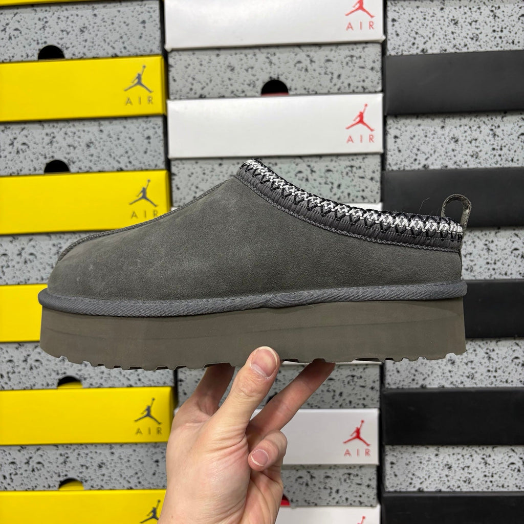 UGG Tazz Platform Slipper – Suede Mule with Shearling Lining, Tonal Grey Braided Collar Trim & Chunky Monochromatic Platform Sole in Grey