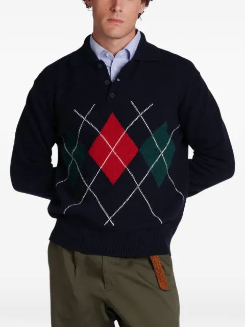 Baracuta argyle-intarsia polo-collar sweater
