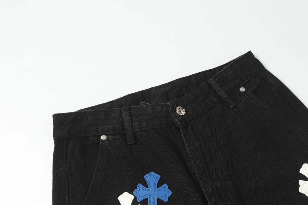 Chrome Hearts White & Blue Leather Cross Patches Jeans