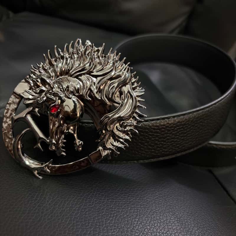 Pegasus Leather Belt Black Litchi Grain Red Zircon Sculpted Waist Belt