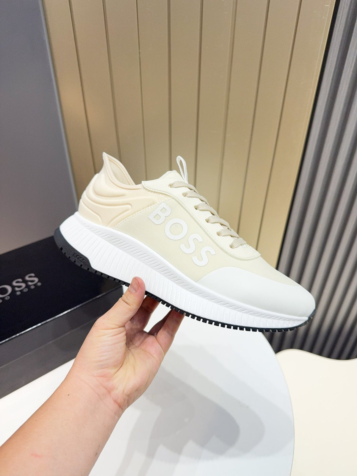 Hugo Boss Cream White Knit Sneakers