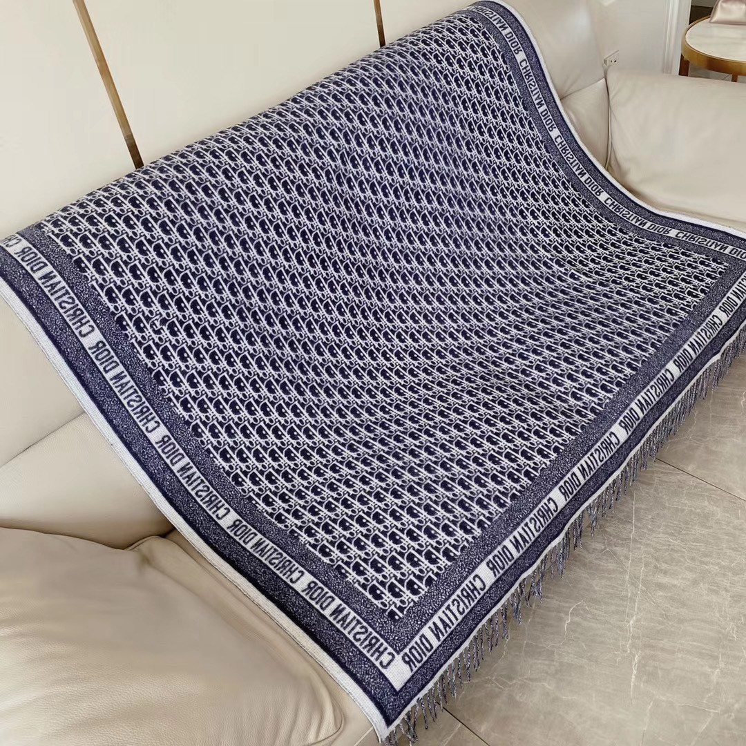 Dior Navy Blue & Ivory Fringed Scarf