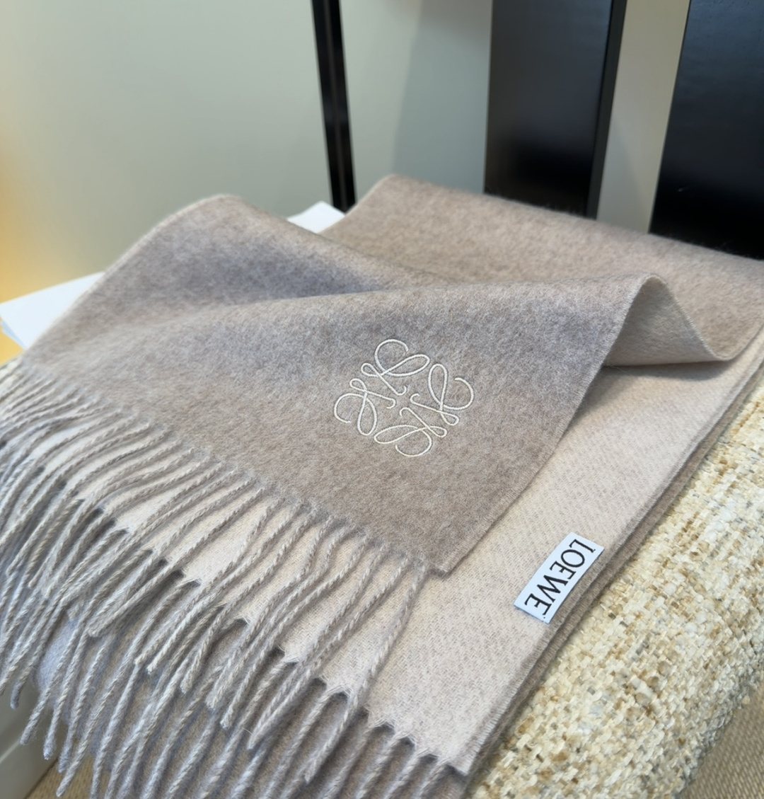 Loewe Taupe Gray and Light Beige Fringed Scarf