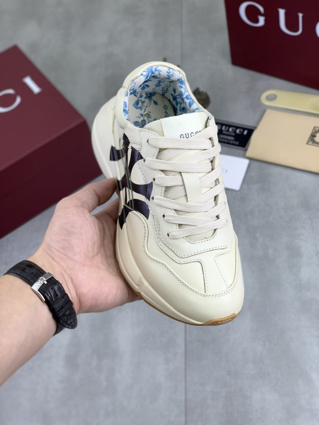 Gucci Cream Chunky Sneakers with Black Accents