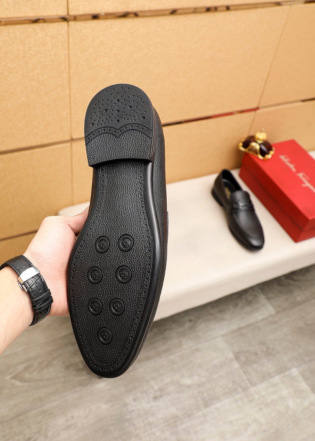 Ferragamo Textured Metal-Strap Loafers