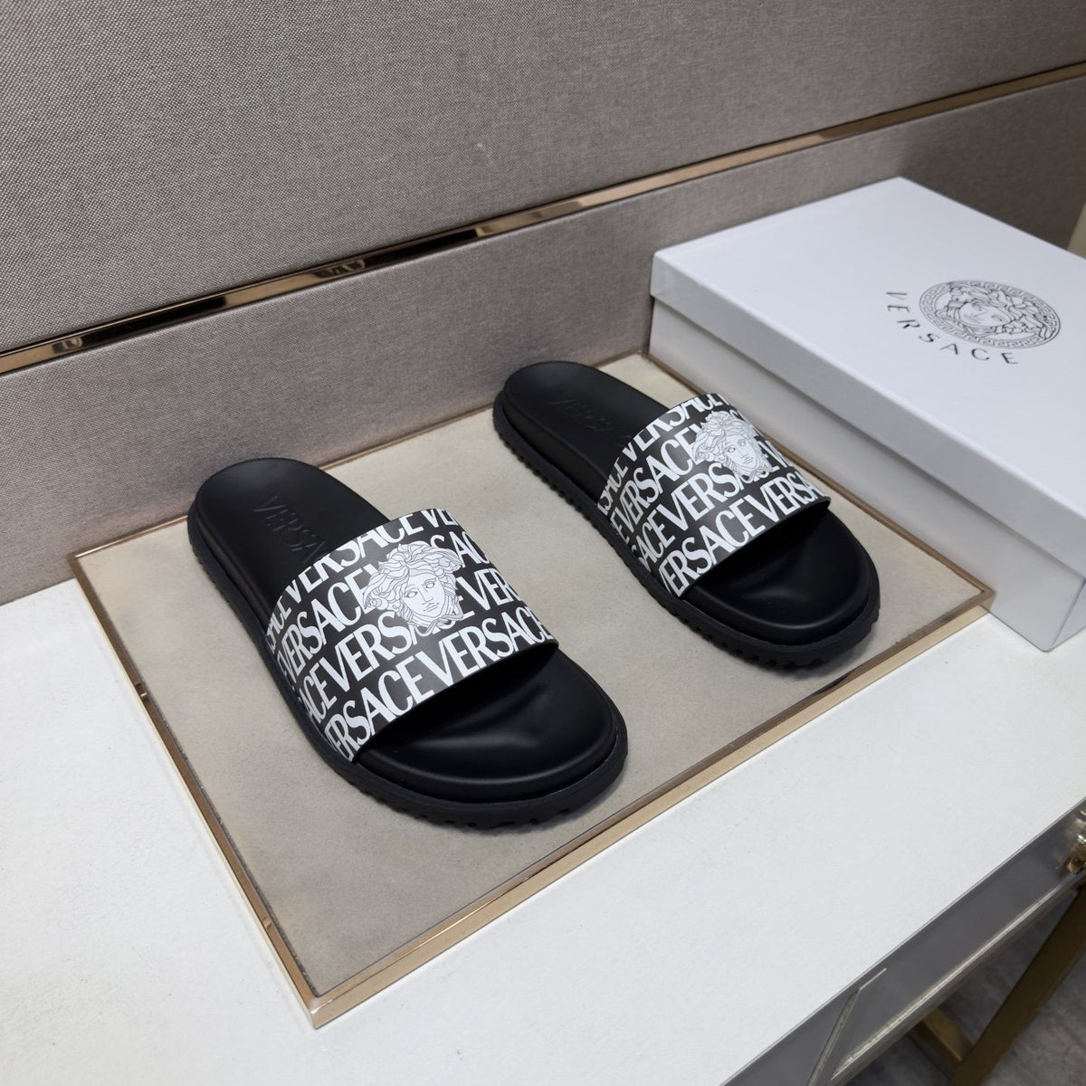 Versace Logo Print Slide Sandals