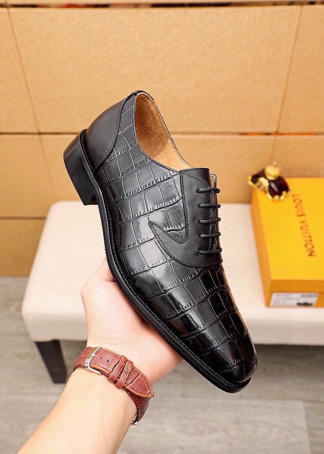 Louis Vuitton Crocodile-Embossed Lace-Up Dress Shoes